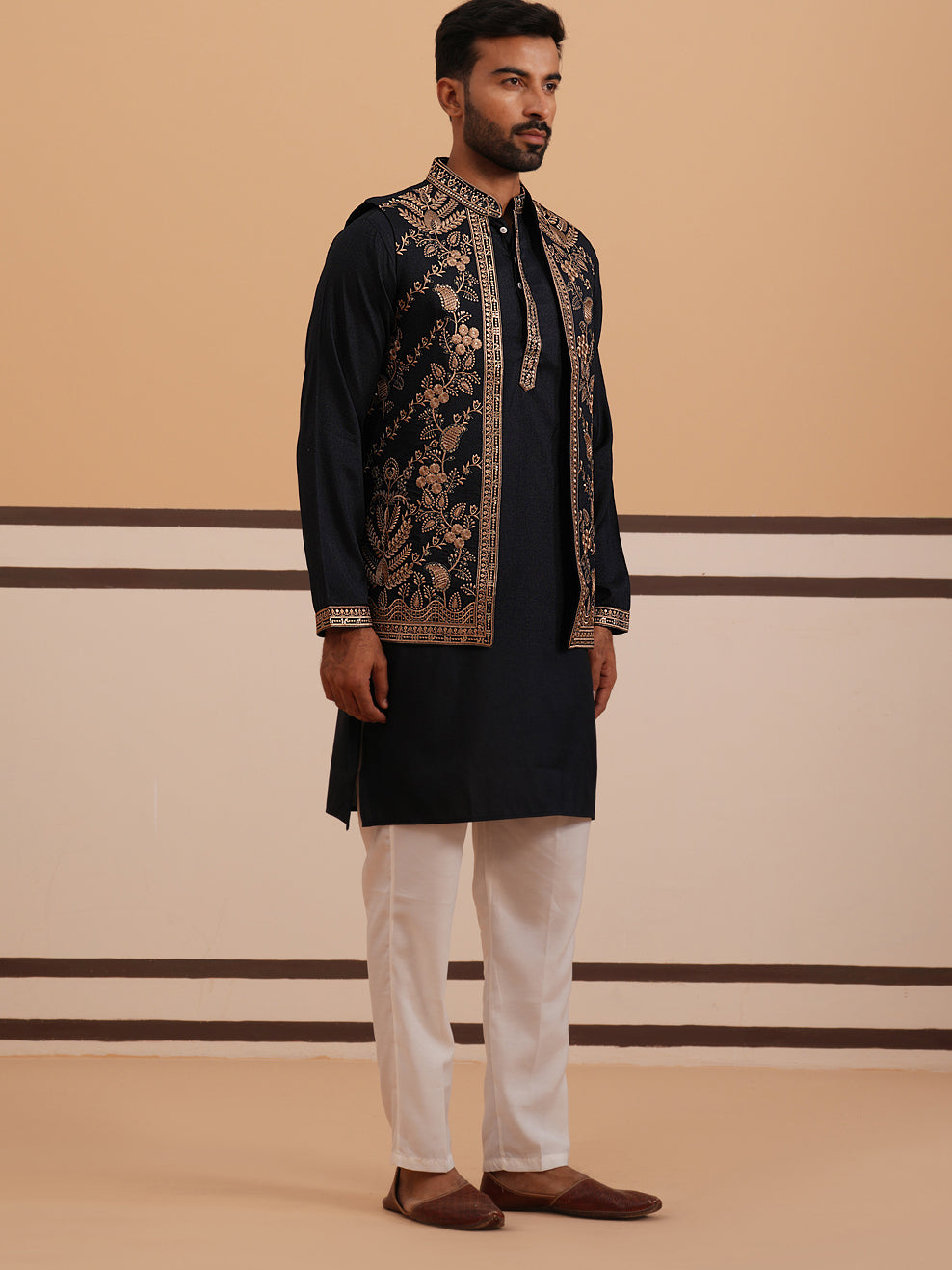 Black Threadwork Nehru Jacket with Kurta Pyjama (JOKPWCS 5376 Black ) [FF] [A-1-4]