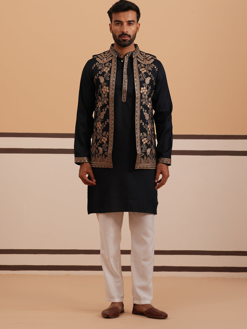 Black Threadwork Nehru Jacket with Kurta Pyjama (JOKPWCS 5376 Black ) [FF] [A-1-4]