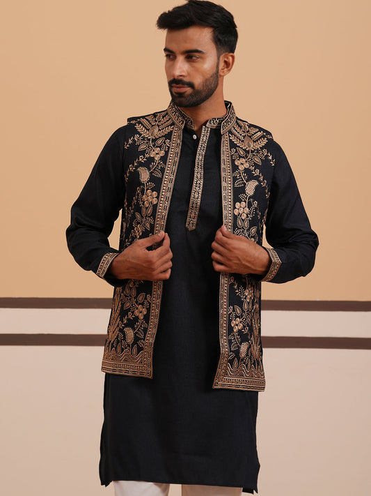 Black Threadwork Nehru Jacket with Kurta Pyjama (JOKPWCS 5376 Black ) [FF] [A-1-4]