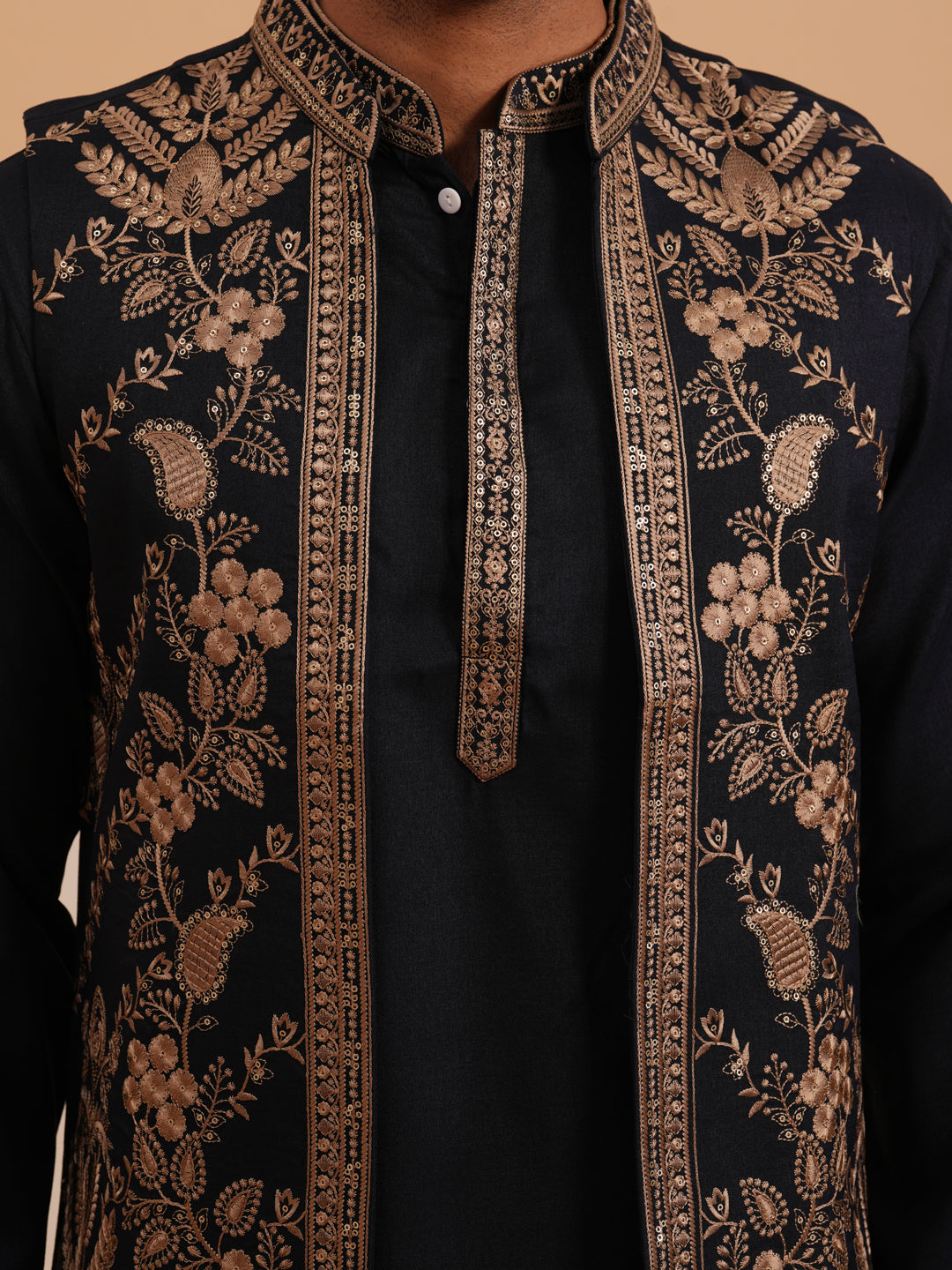 Black Threadwork Nehru Jacket with Kurta Pyjama (JOKPWCS 5376 Black ) [FF] [A-1-4]