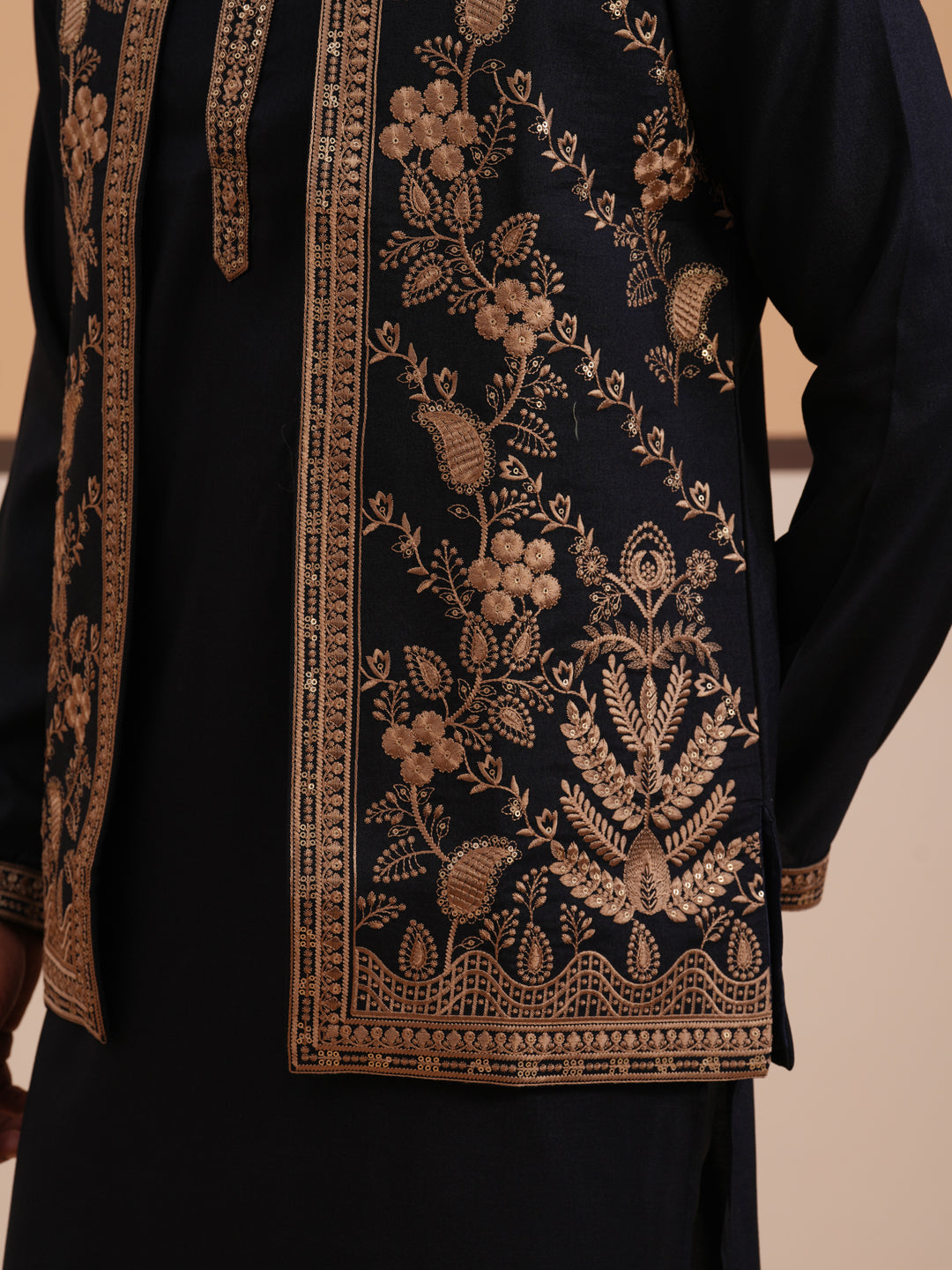 Black Threadwork Nehru Jacket with Kurta Pyjama (JOKPWCS 5376 Black ) [FF] [A-1-4]