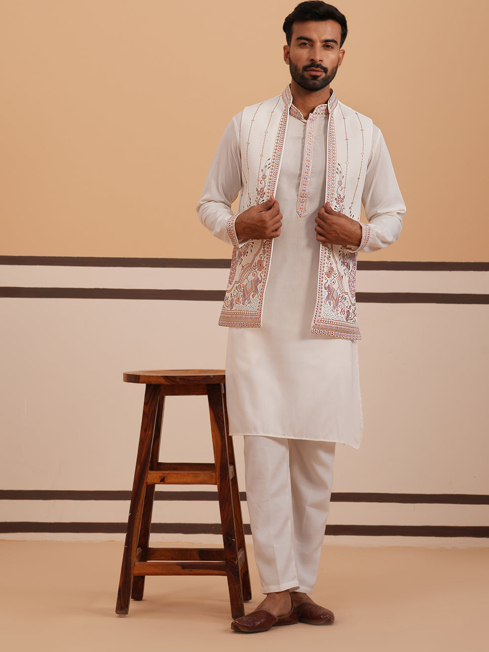 Ivory Embroidered Nehru Jacket Kurta Set for men (JOKPWCS 5377 White )