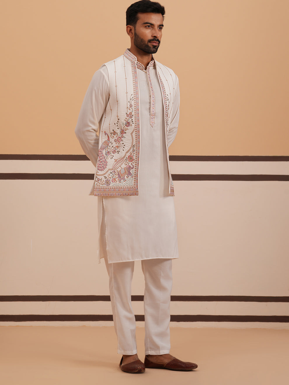 Ivory Embroidered Nehru Jacket Kurta Set for men (JOKPWCS 5377 White )