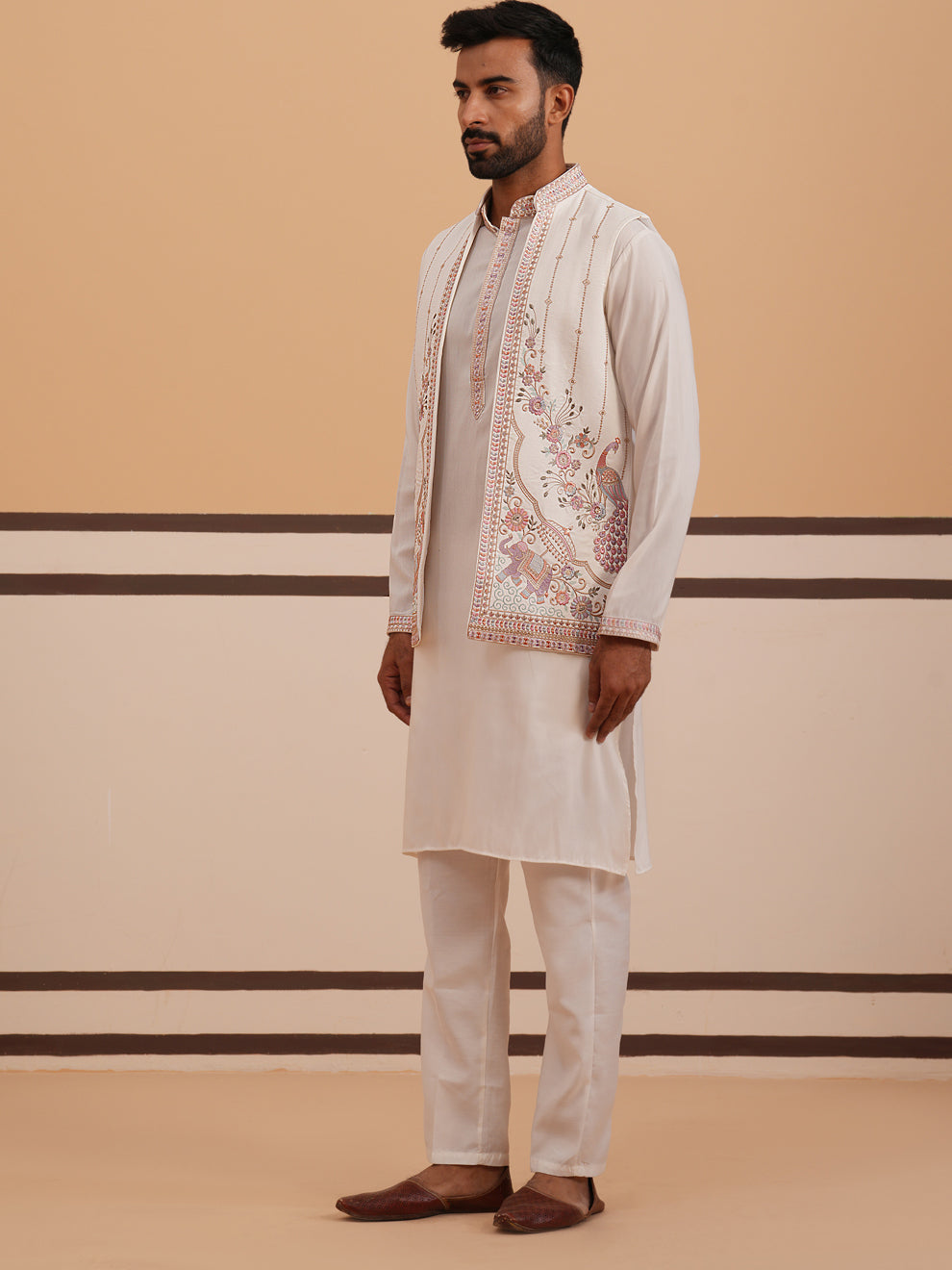 Ivory Embroidered Nehru Jacket Kurta Set for men (JOKPWCS 5377 White )