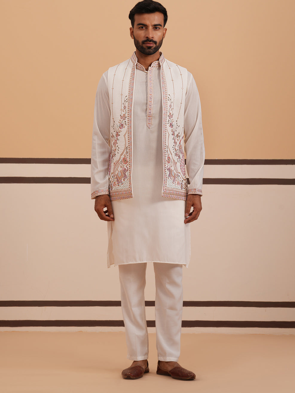 Ivory Embroidered Nehru Jacket Kurta Set for men (JOKPWCS 5377 White )