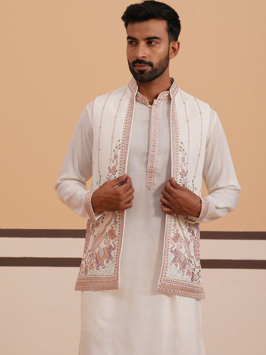 Ivory Embroidered Nehru Jacket Kurta Set for men (JOKPWCS 5377 White )