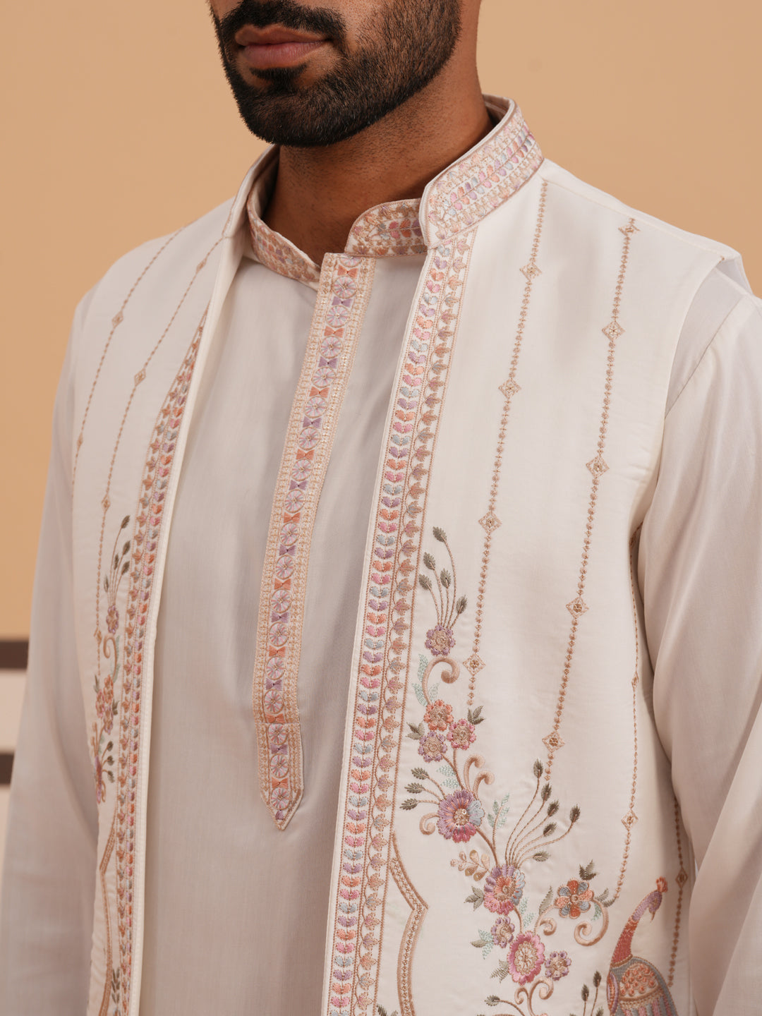 Ivory Embroidered Nehru Jacket Kurta Set for men (JOKPWCS 5377 White )