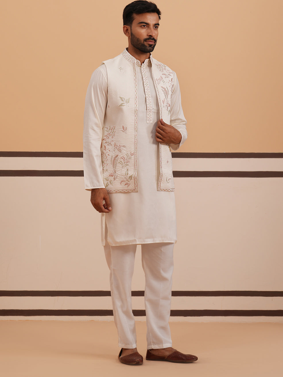 Ivory Embroidered Nehru Jacket Kurta Set for men (JOKPWCS 5378 White ) [FF] [ G12 ]