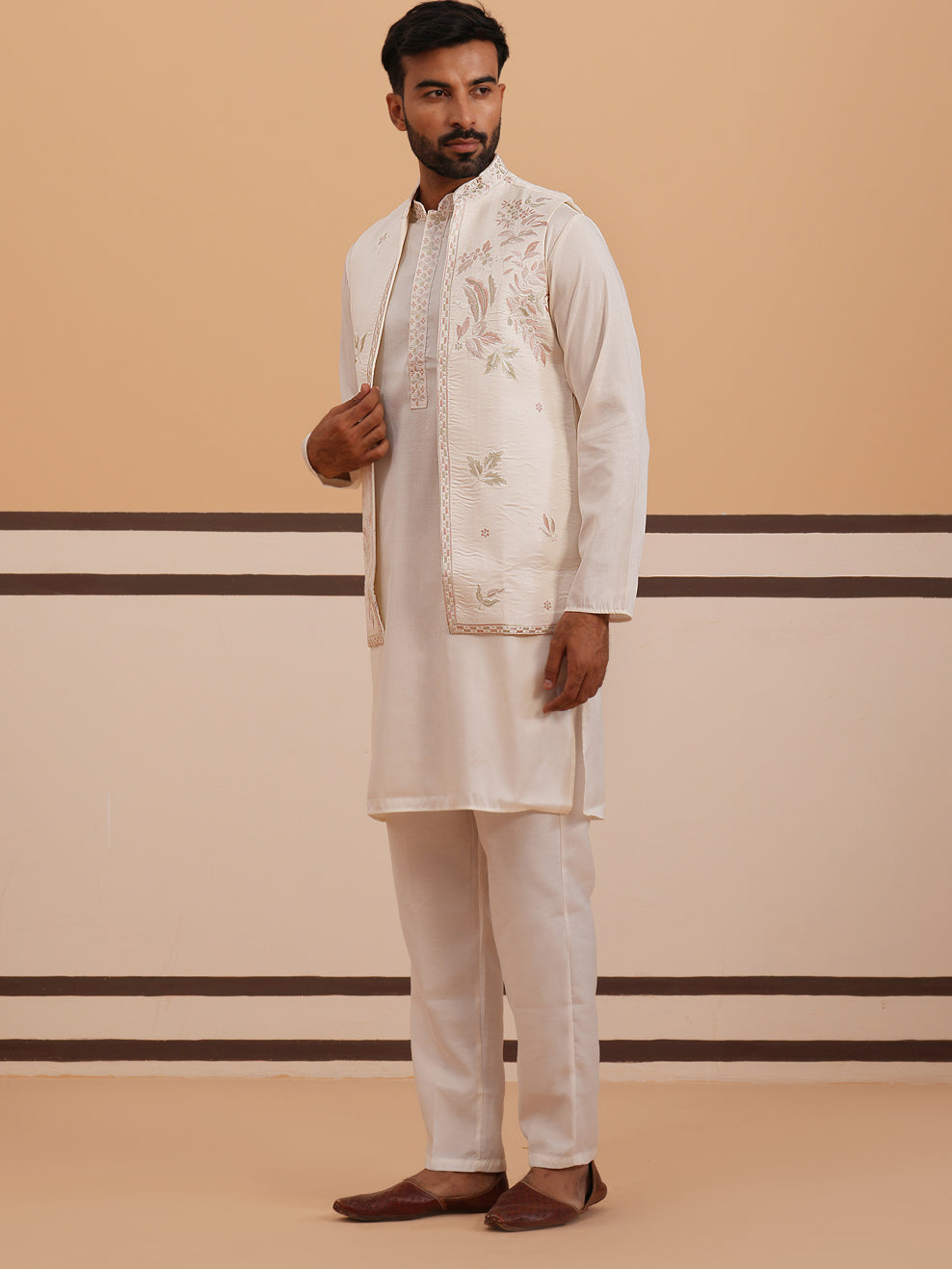 Ivory Embroidered Nehru Jacket Kurta Set for men (JOKPWCS 5378 White ) [FF] [ G12 ]