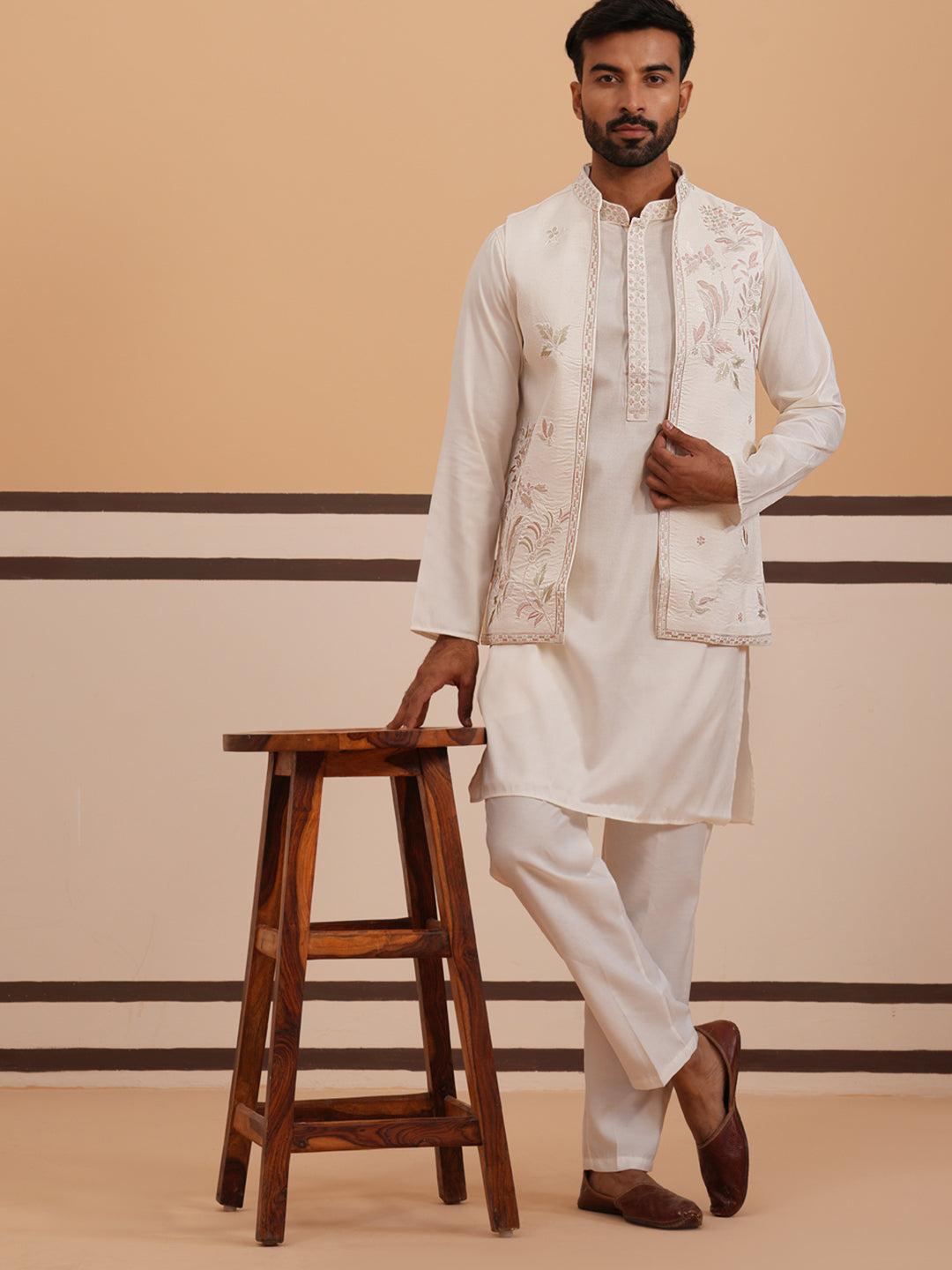 Ivory Embroidered Nehru Jacket Kurta Set for men (JOKPWCS 5378 White ) [FF] [ G12 ]