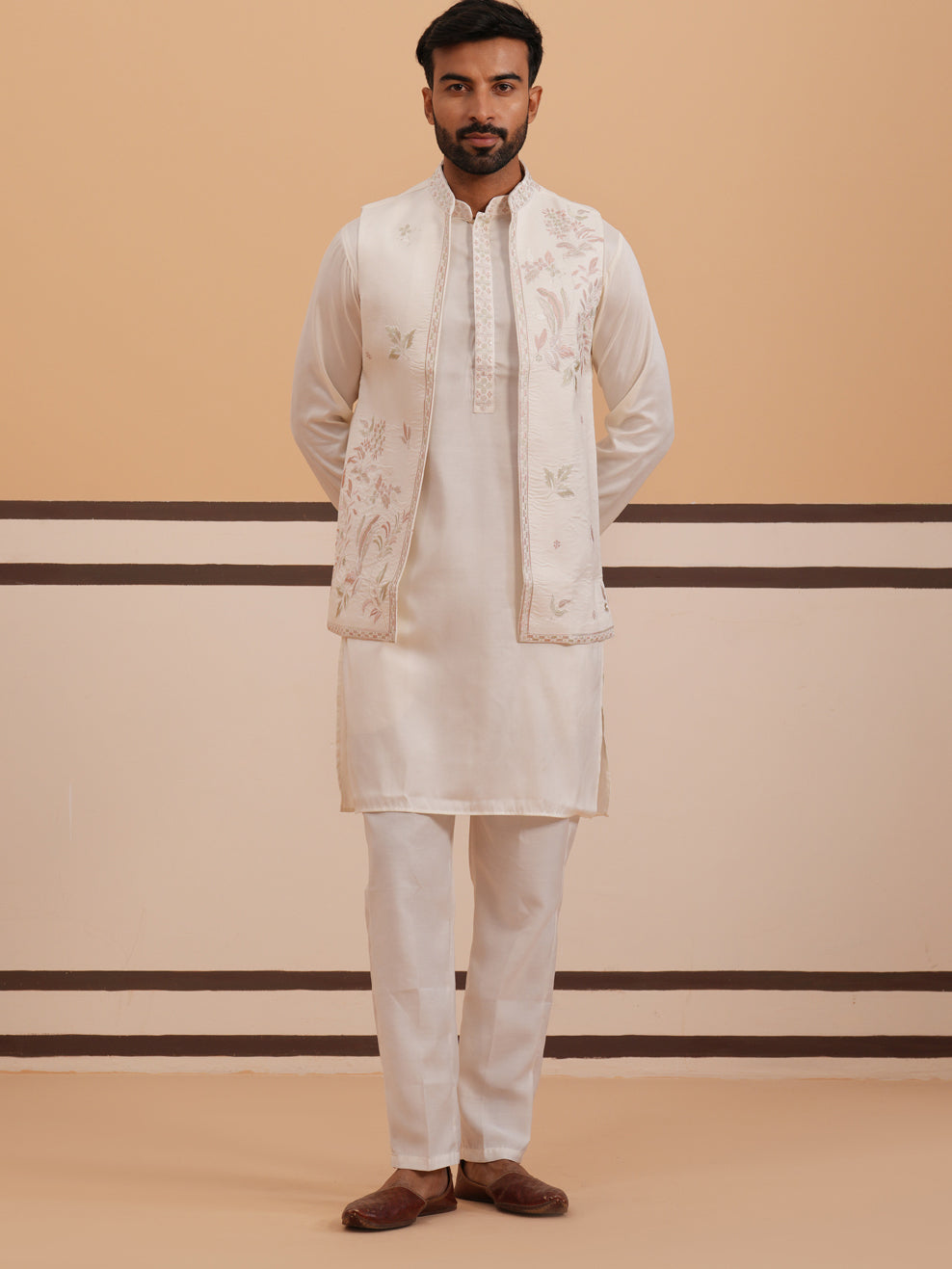 Ivory Embroidered Nehru Jacket Kurta Set for men (JOKPWCS 5378 White ) [FF] [ G12 ]