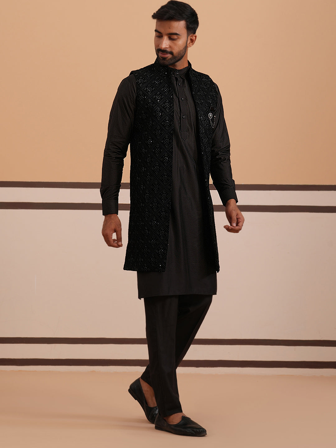 Black Embroidered Long Shrug with Kurta Pyjama Set (JOKPWCS 592B 4145 Black )
