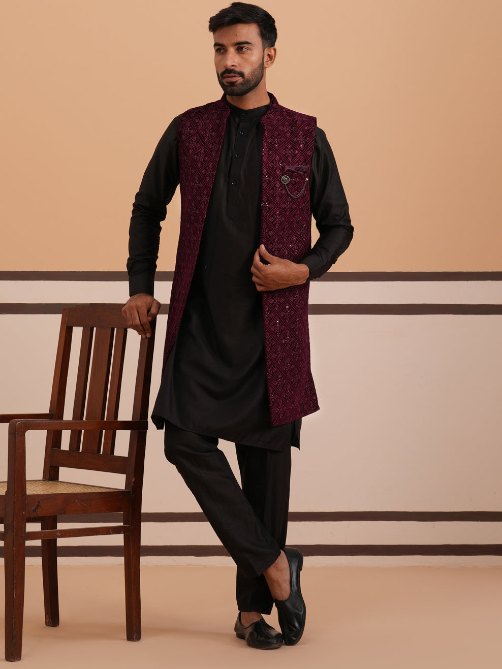 Purple Embroidered Long Shrug with Kurta Pyjama Set (JOKPWCS 592B 4145 Purple )