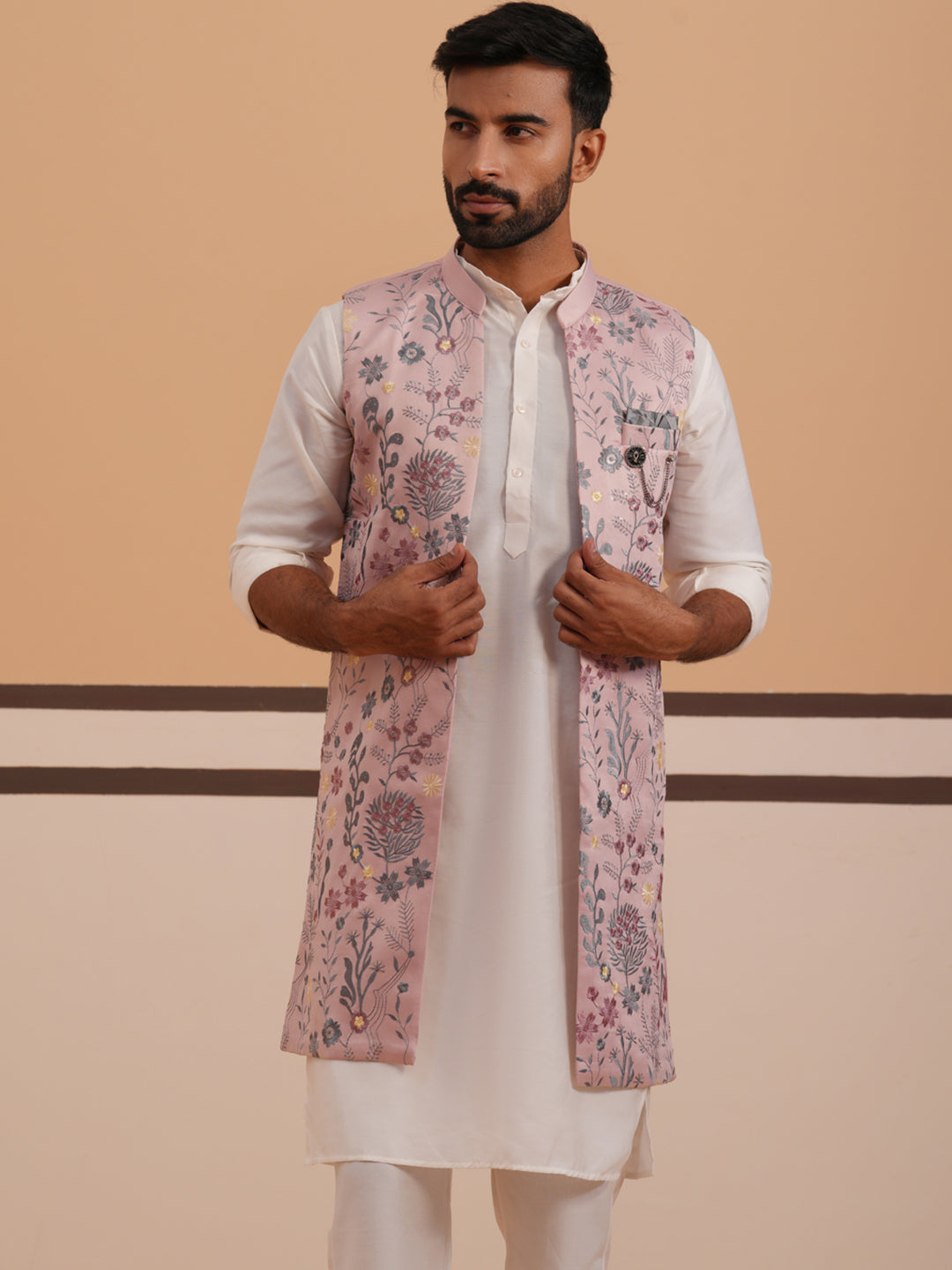 Festive Floral Embroidered Shrug Kurta Set ( JOKPWCS 592W 4143 W 4143Peach )
