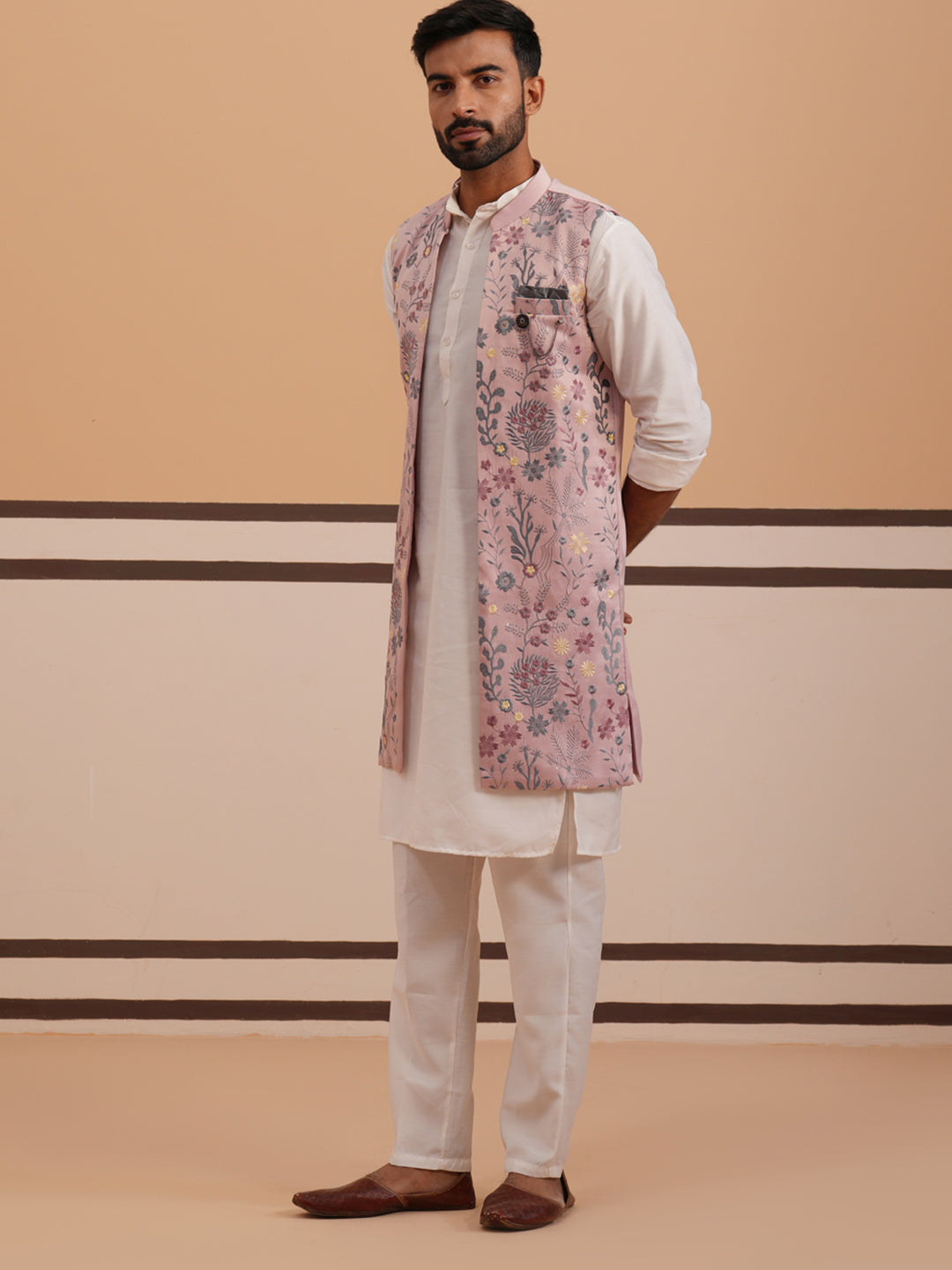 Festive Floral Embroidered Shrug Kurta Set ( JOKPWCS 592W 4143 W 4143Peach )