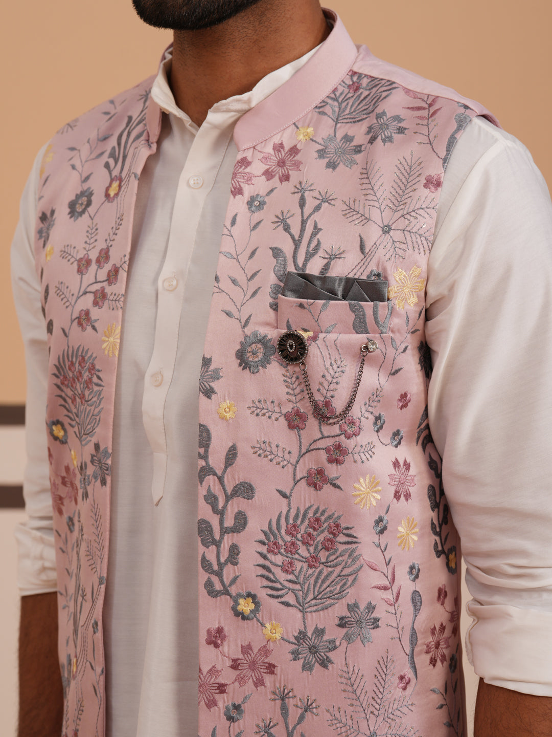 Festive Floral Embroidered Shrug Kurta Set ( JOKPWCS 592W 4143 W 4143Peach )