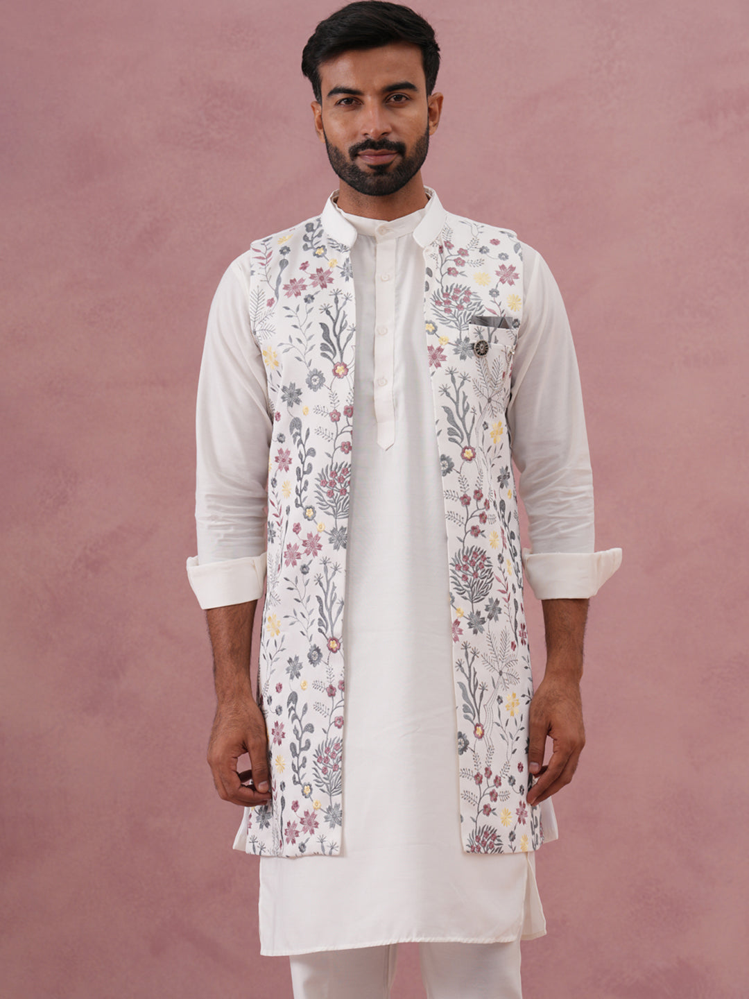 Festive Floral Embroidered Shrug Kurta Set ( JOKPWCS 592W 4143 W 4143 White )