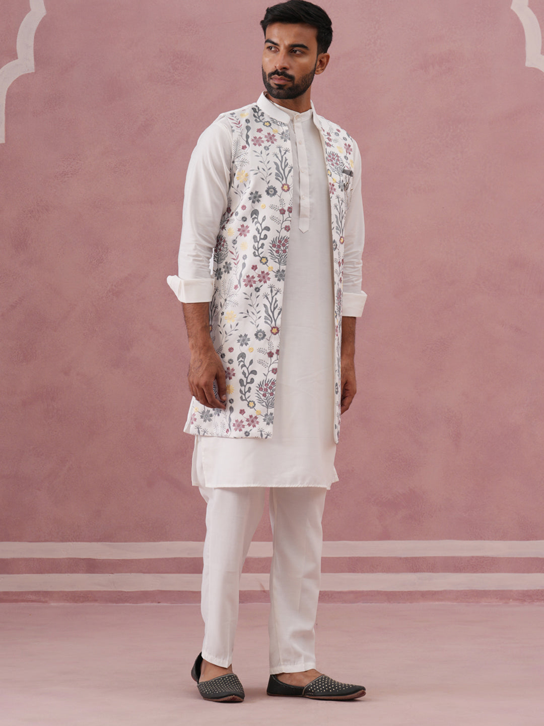 Festive Floral Embroidered Shrug Kurta Set ( JOKPWCS 592W 4143 W 4143 White )