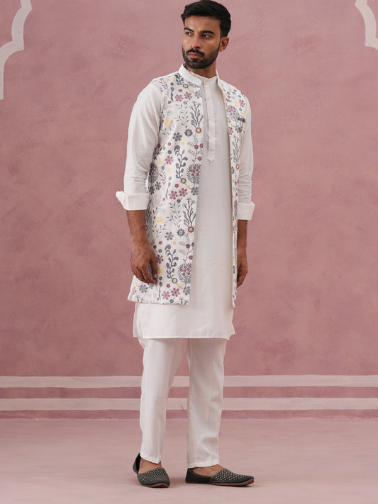 Festive Floral Embroidered Shrug Kurta Set ( JOKPWCS 592W 4143 W 4143 White )