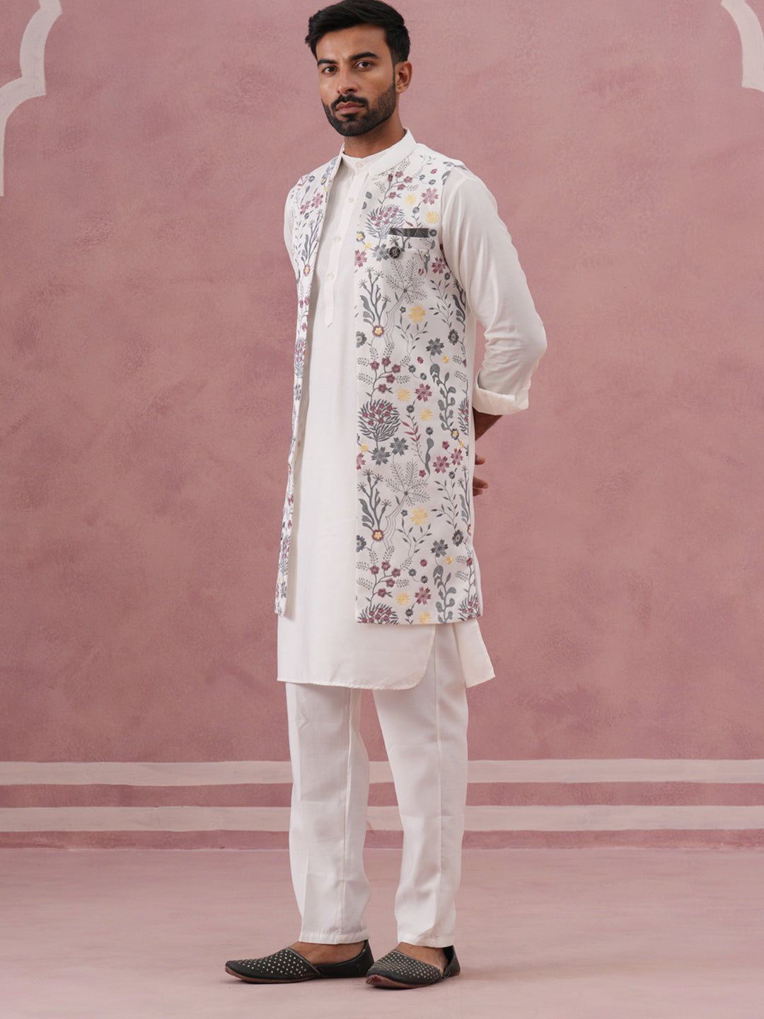 Festive Floral Embroidered Shrug Kurta Set ( JOKPWCS 592W 4143 W 4143 White )