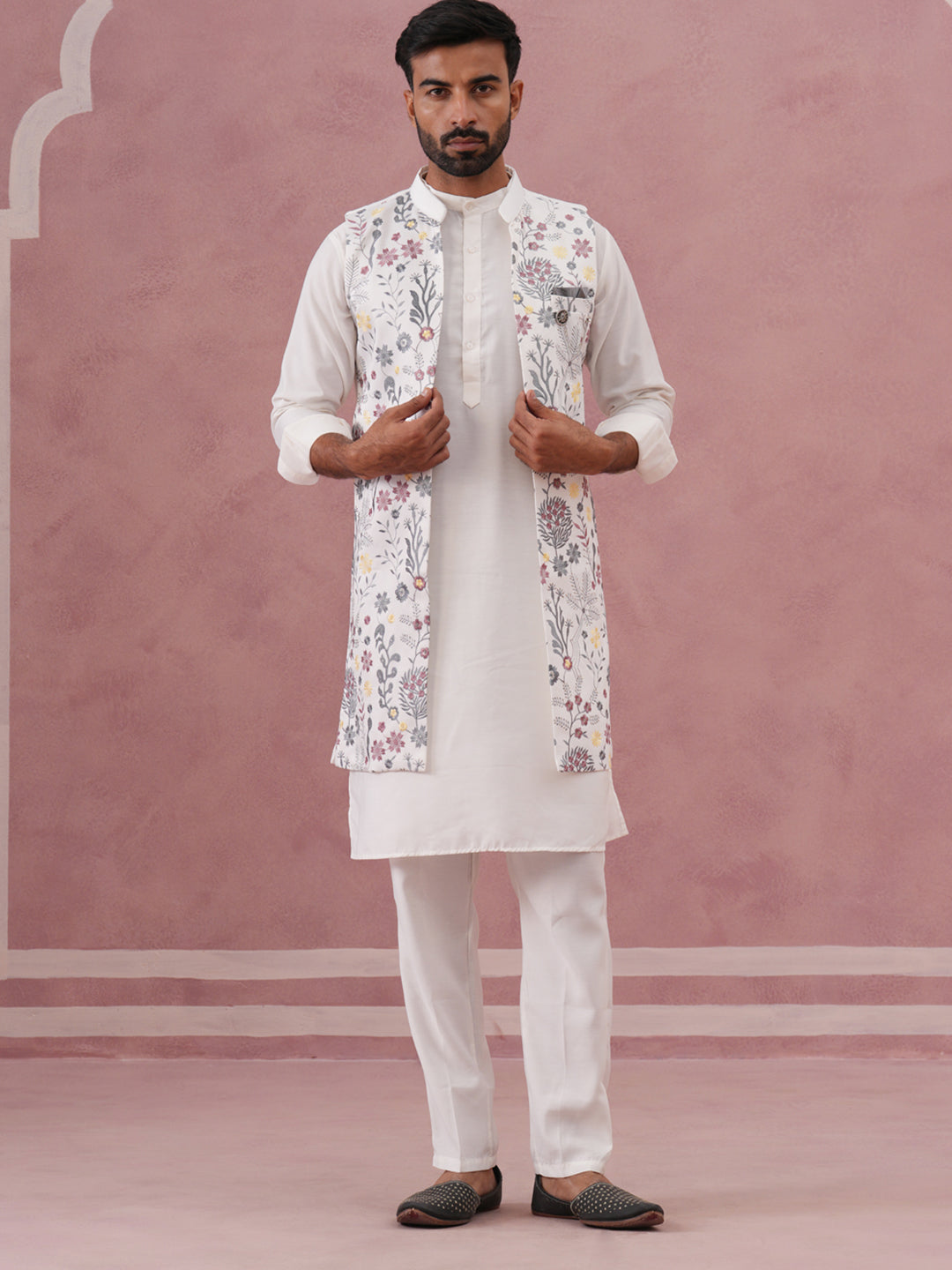 Festive Floral Embroidered Shrug Kurta Set ( JOKPWCS 592W 4143 W 4143 White )