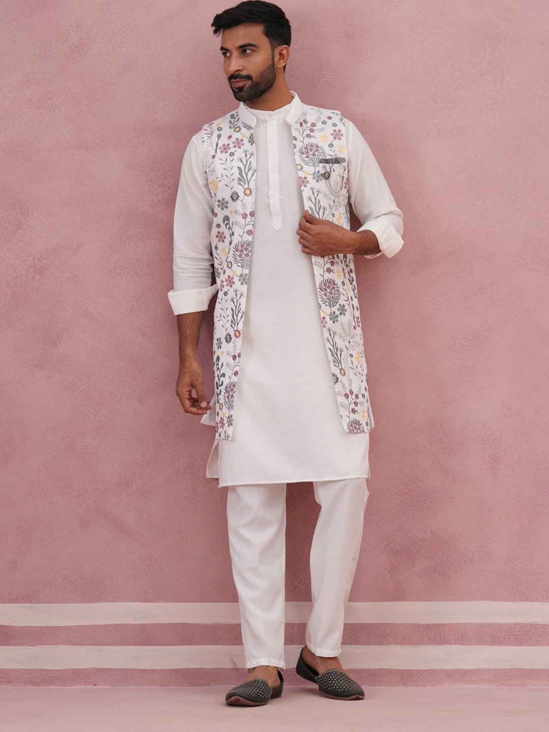 Festive Floral Embroidered Shrug Kurta Set ( JOKPWCS 592W 4143 W 4143 White )