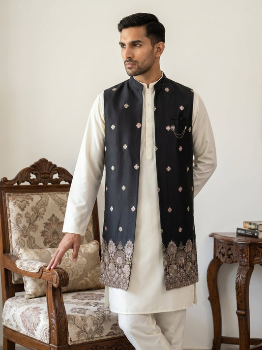 Embroidered Nehru Jacket with Kurta Pyjama Set ( 65KPWCS 592W 4153Black )