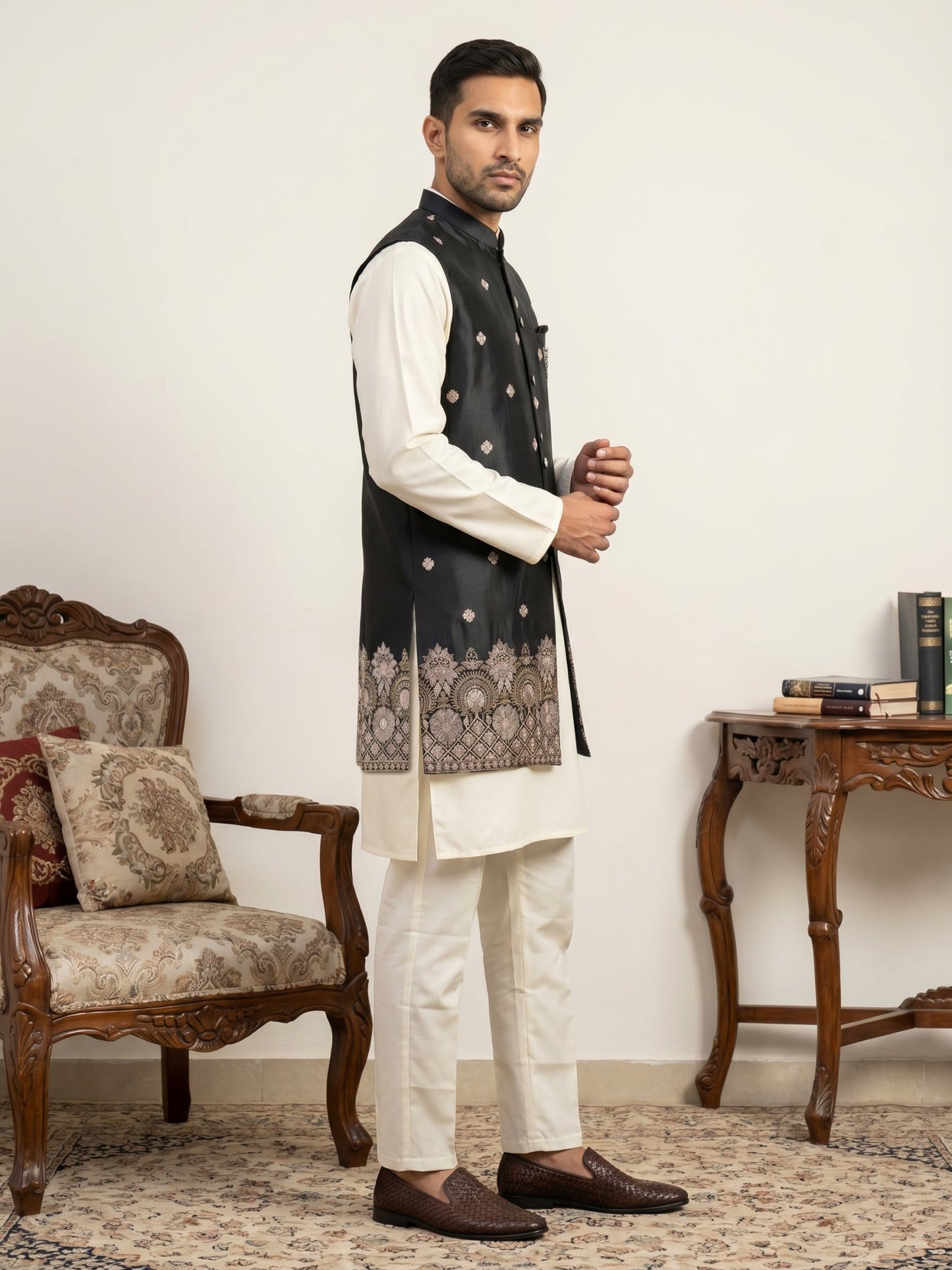 Embroidered Nehru Jacket with Kurta Pyjama Set ( 65KPWCS 592W 4153Black )