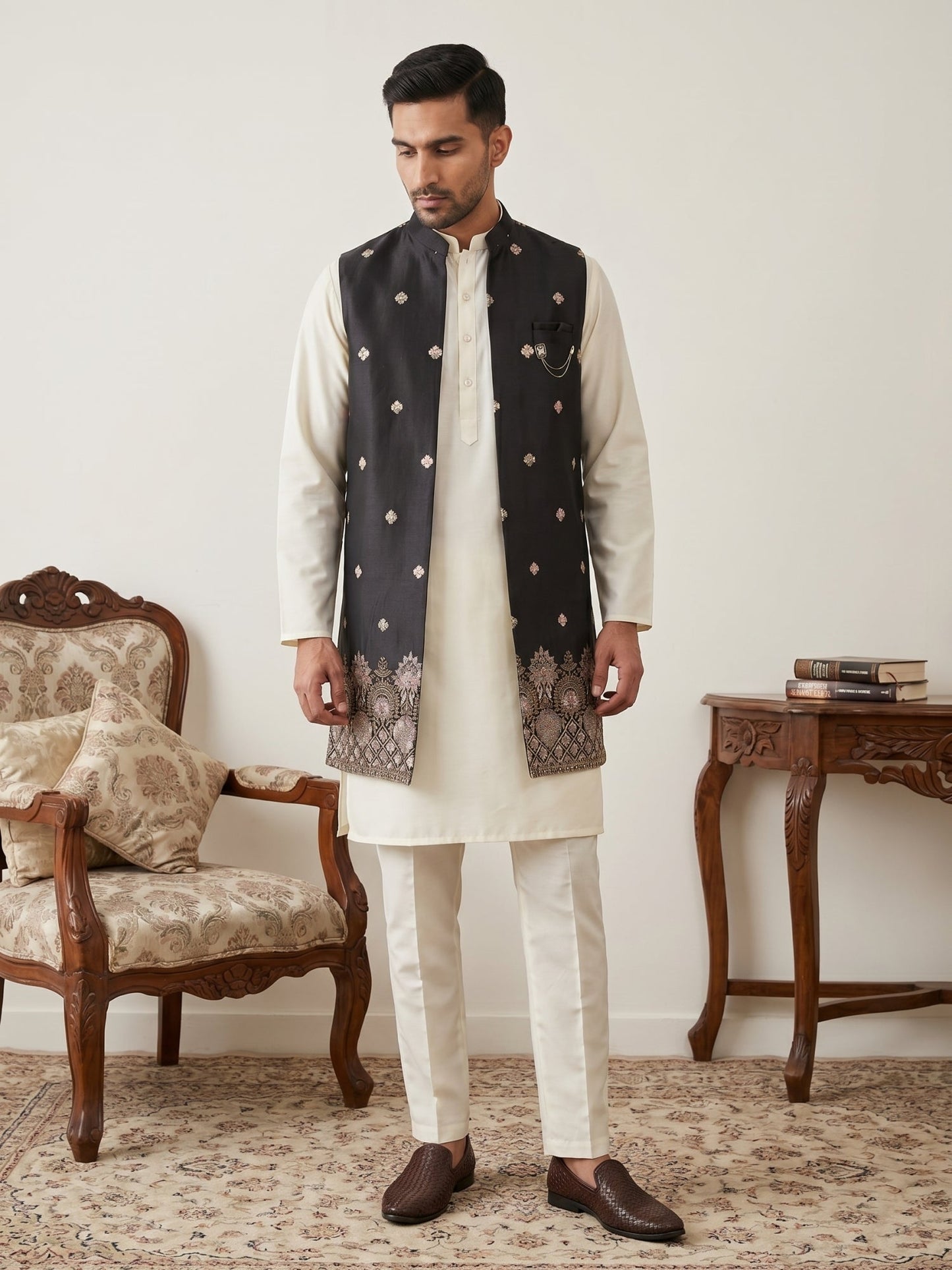 Embroidered Nehru Jacket with Kurta Pyjama Set ( 65KPWCS 592W 4153Black )