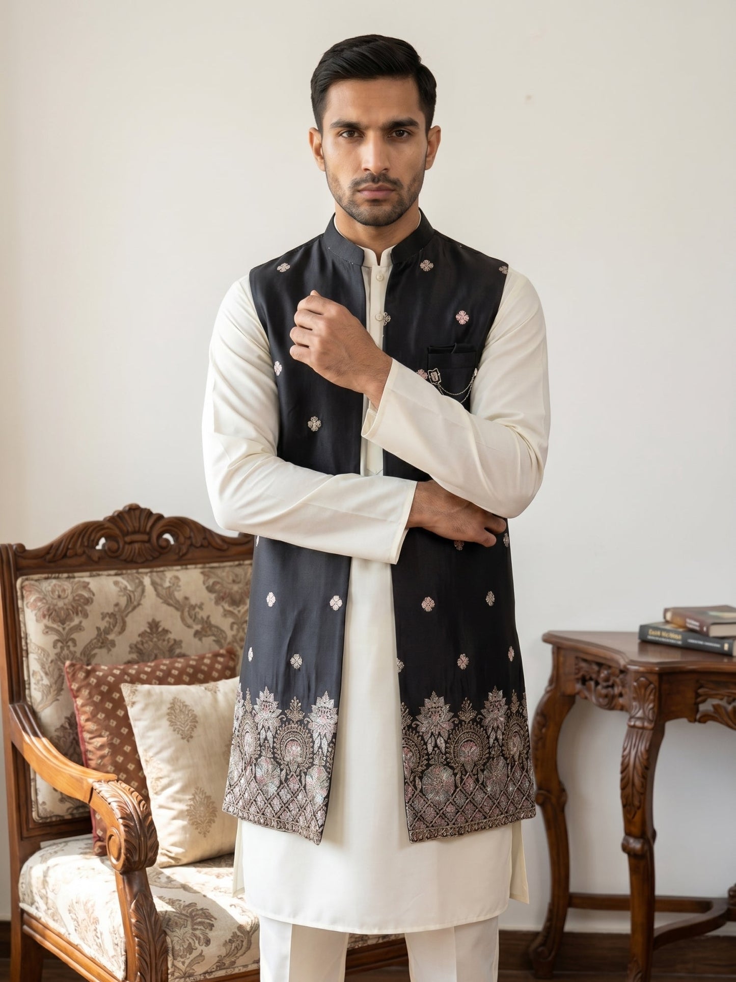 Embroidered Nehru Jacket with Kurta Pyjama Set ( 65KPWCS 592W 4153Black )