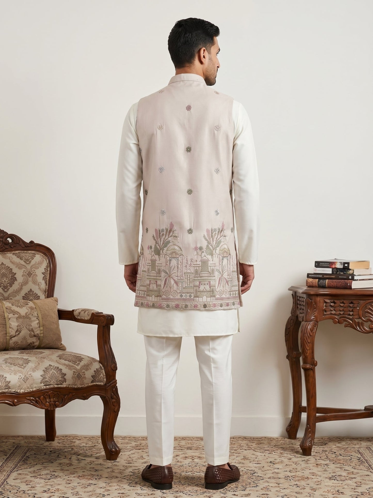 Embroidered Nehru Jacket with Kurta Pyjama Set ( 65KPWCS 592W 4153Peach )