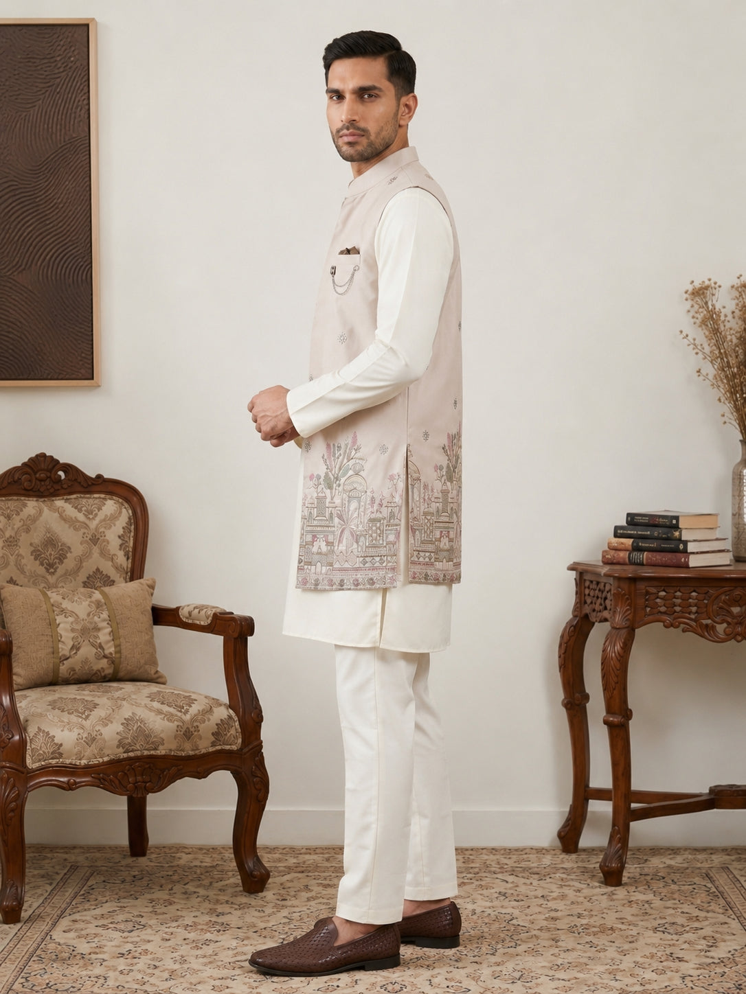 Embroidered Nehru Jacket with Kurta Pyjama Set ( 65KPWCS 592W 4153Peach )