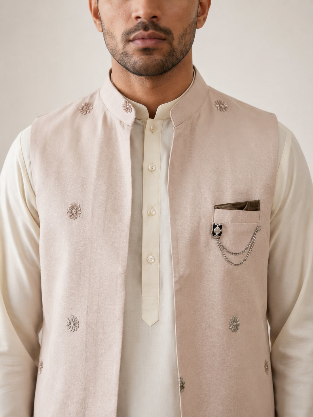 Embroidered Nehru Jacket with Kurta Pyjama Set ( 65KPWCS 592W 4153Peach )