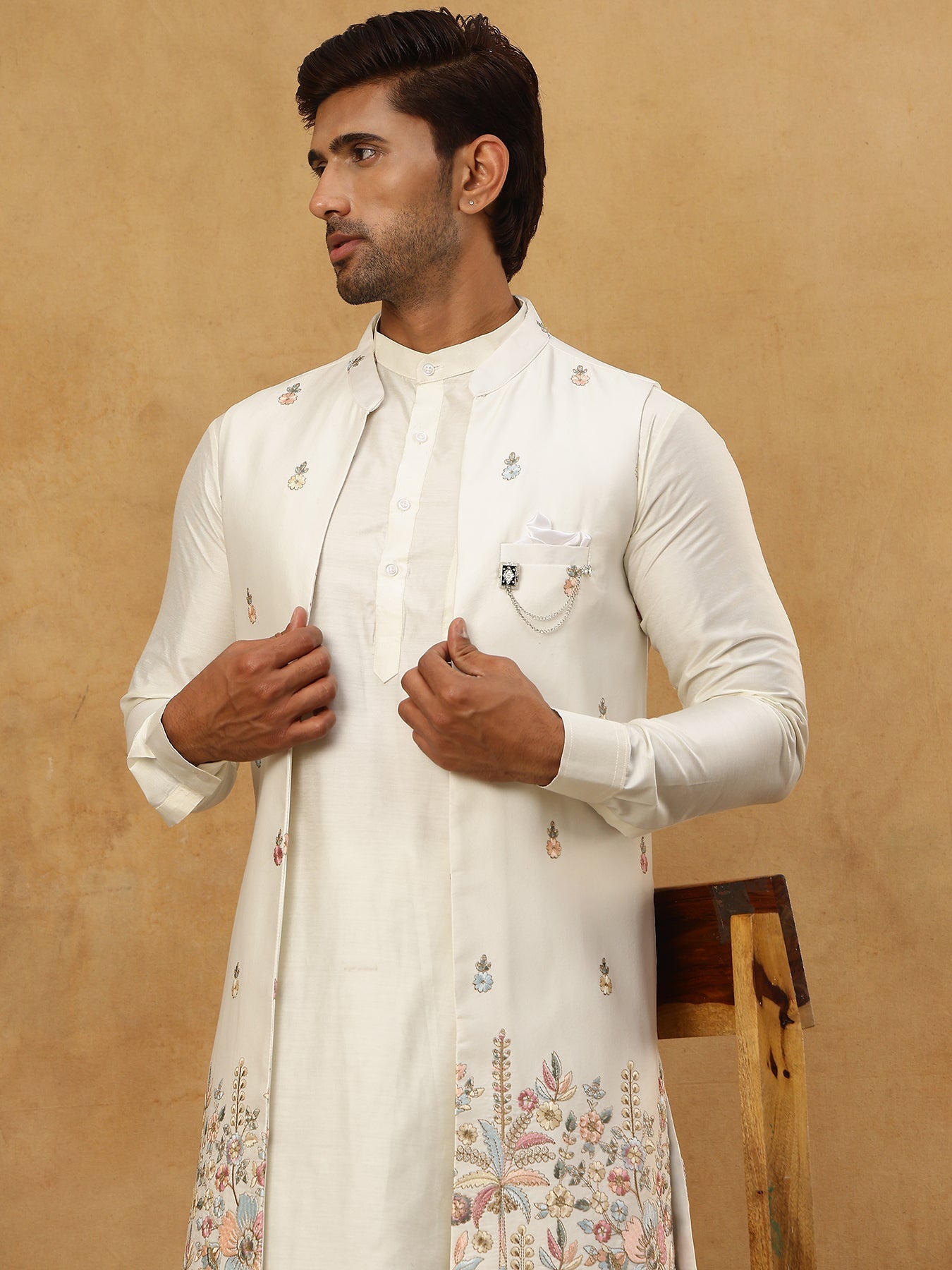Embroidered Nehru Jacket with Kurta Pyjama Set ( 65KPWCS 592W 4153White )