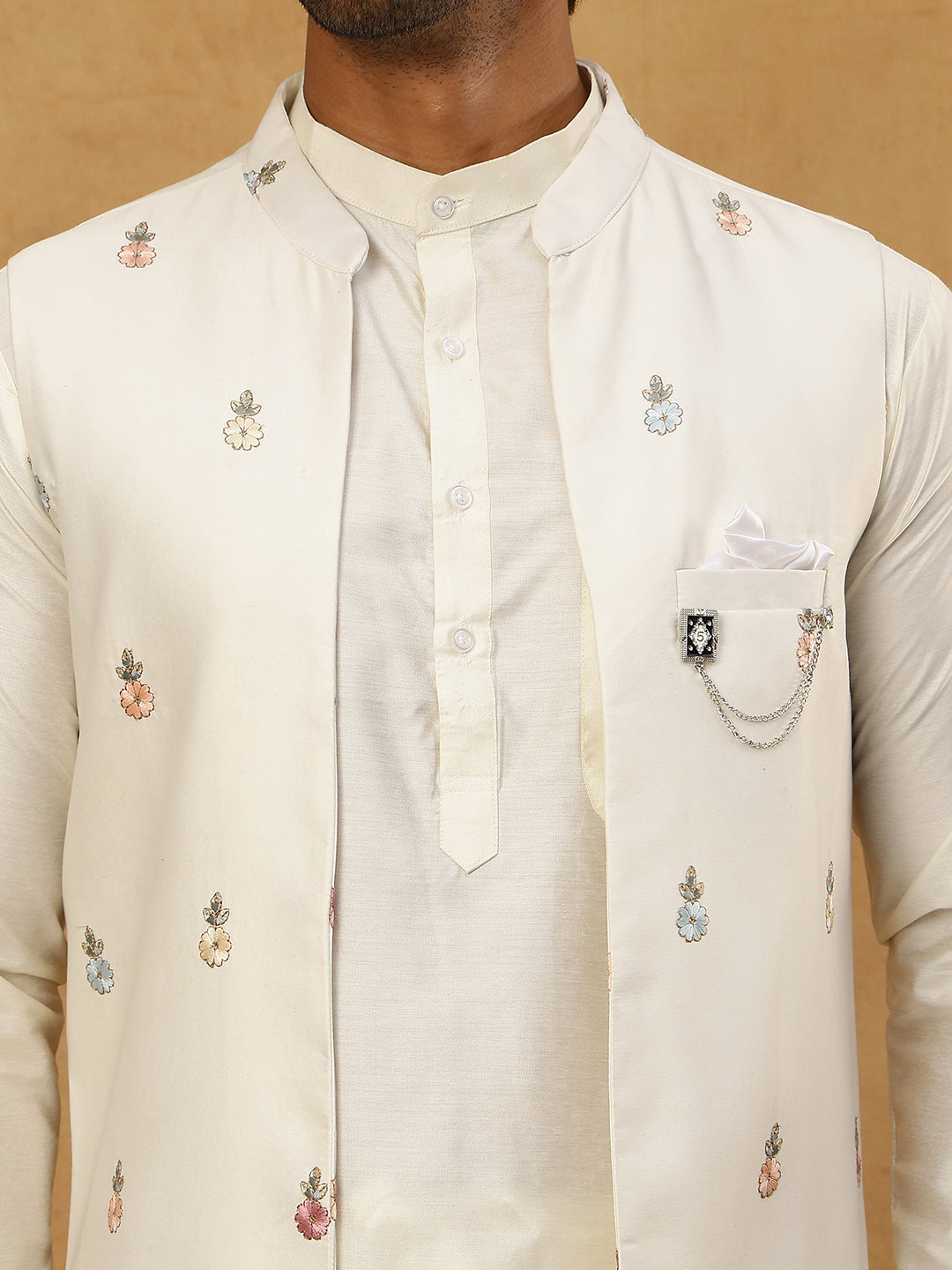 Embroidered Nehru Jacket with Kurta Pyjama Set ( 65KPWCS 592W 4153White )