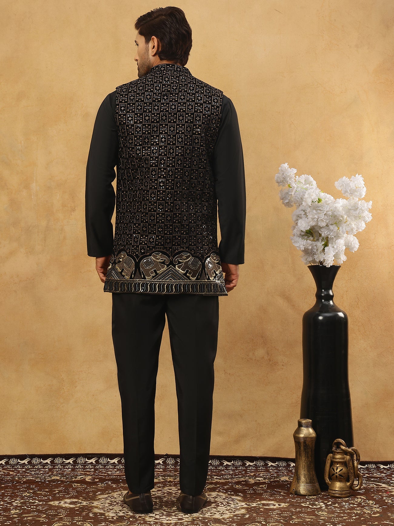 Men Solid Kurta Pyjama with Velvet Waistcoat ( 65KPWC 5509B 4148Black )