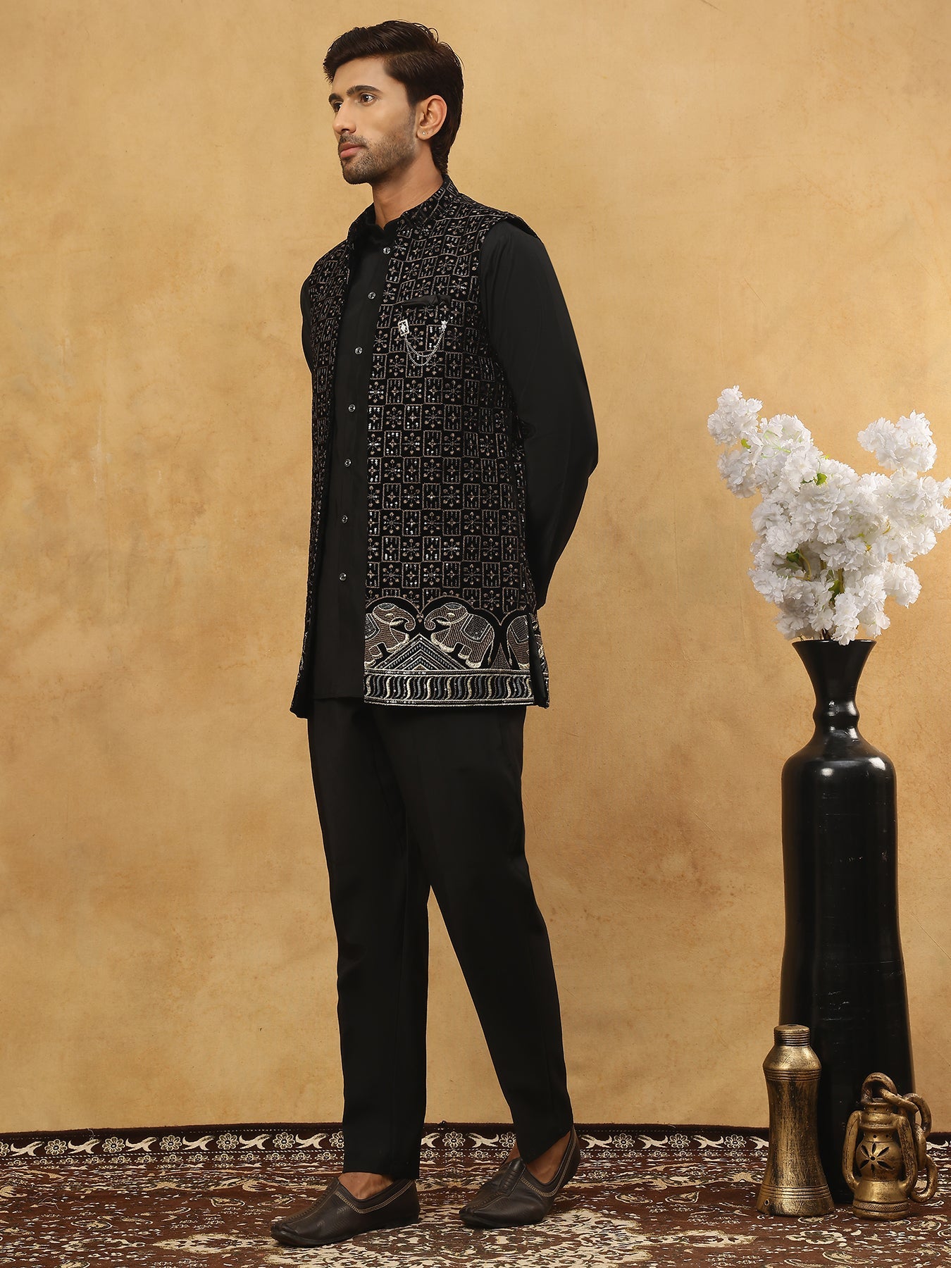 Men Solid Kurta Pyjama with Velvet Waistcoat ( 65KPWC 5509B 4148Black )