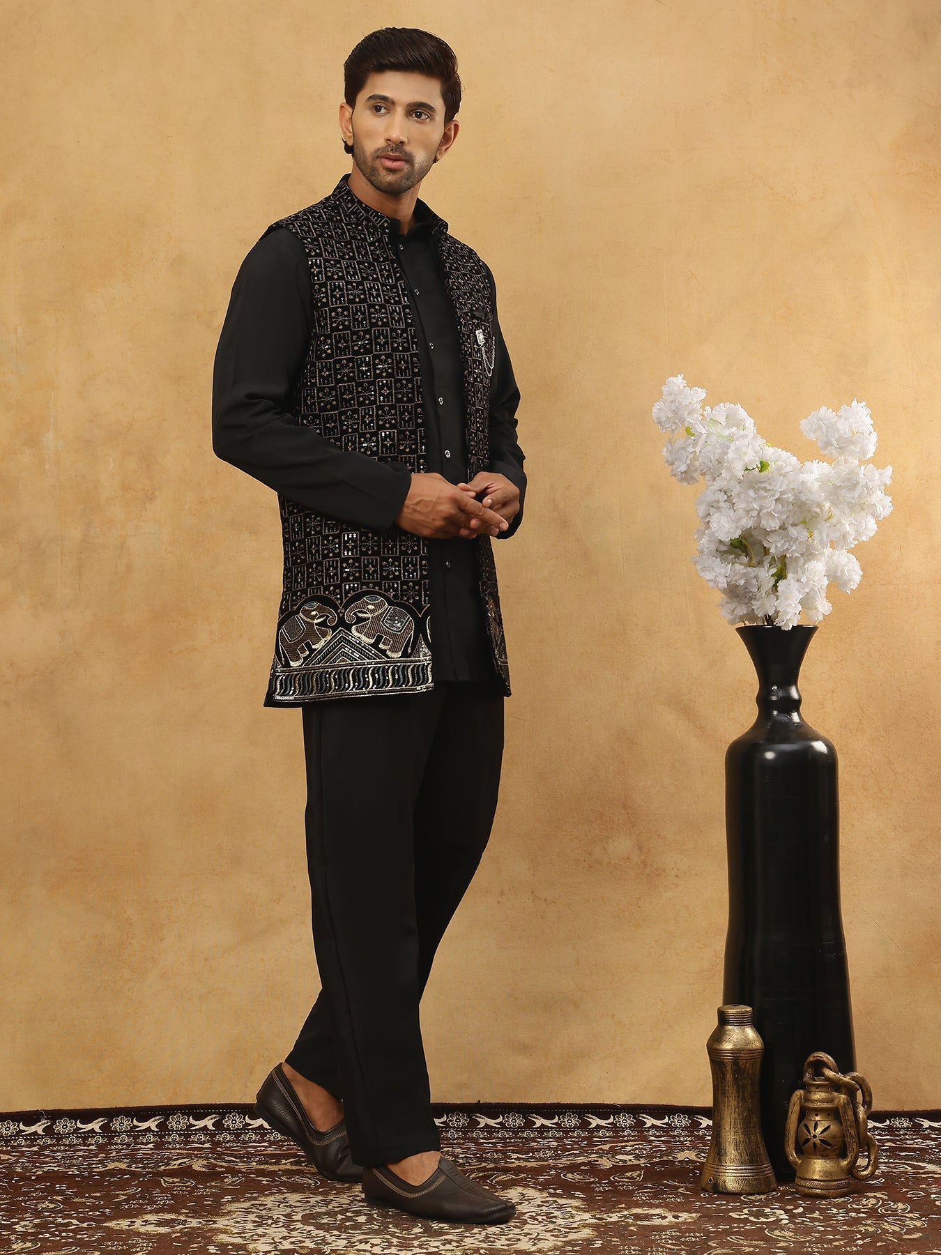 Men Solid Kurta Pyjama with Velvet Waistcoat ( 65KPWC 5509B 4148Black )