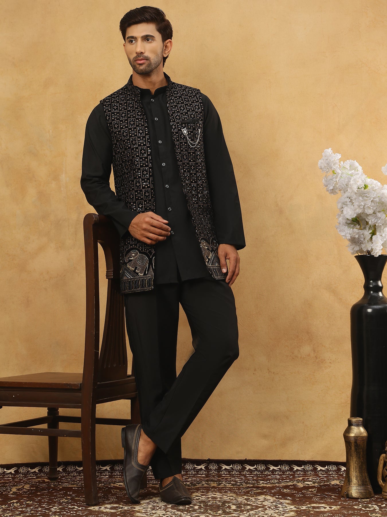 Men Solid Kurta Pyjama with Velvet Waistcoat ( 65KPWC 5509B 4148Black )