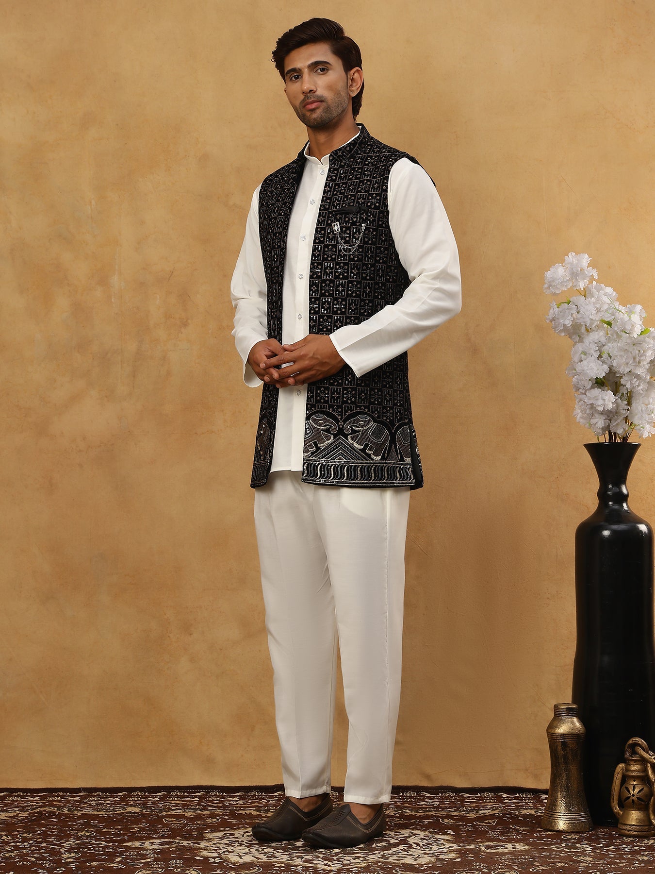 Men Solid Kurta Pyjama with Velvet Waistcoat ( 65KPWC 5509W 4148Black )