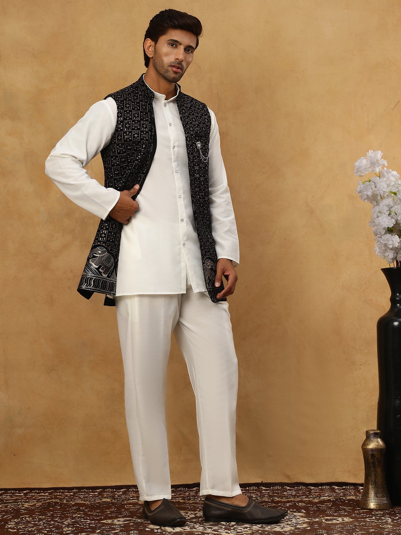 Men Solid Kurta Pyjama with Velvet Waistcoat ( 65KPWC 5509W 4148Black )