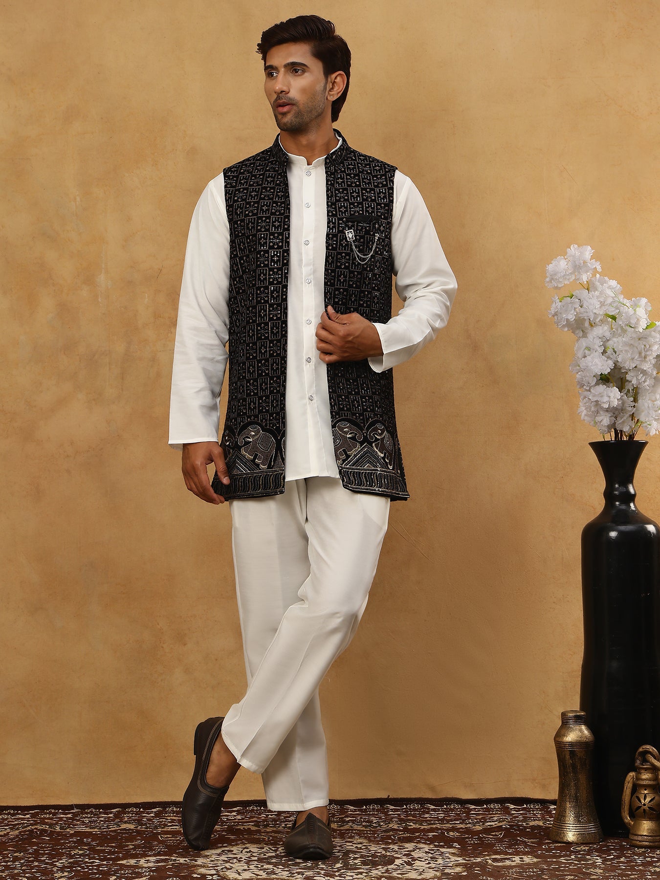 Men Solid Kurta Pyjama with Velvet Waistcoat ( 65KPWC 5509W 4148Black )