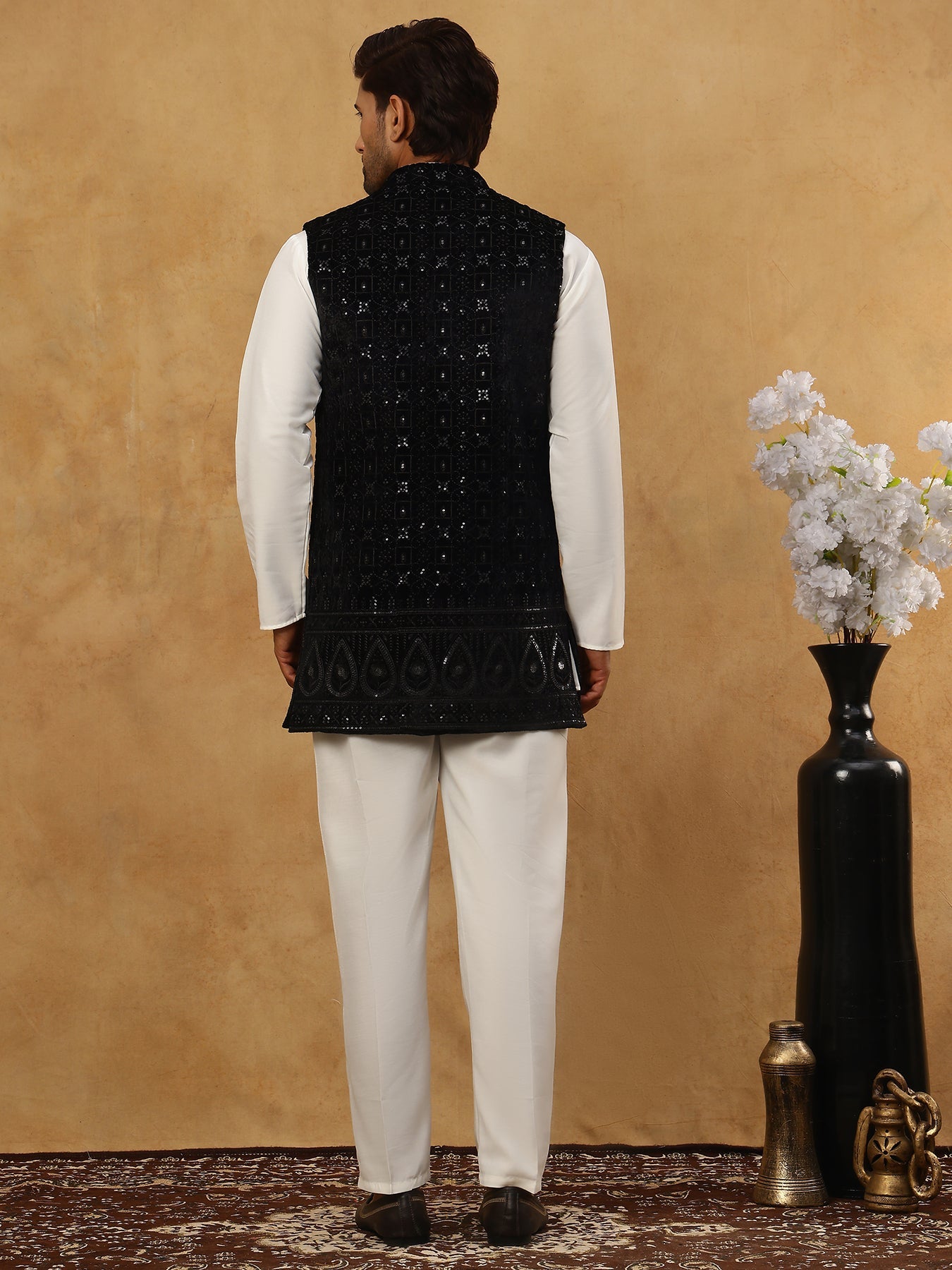 Men Solid Kurta Set with Velvet Embroidered Waistcoat ( 65KPWC 5509W 4149Black )