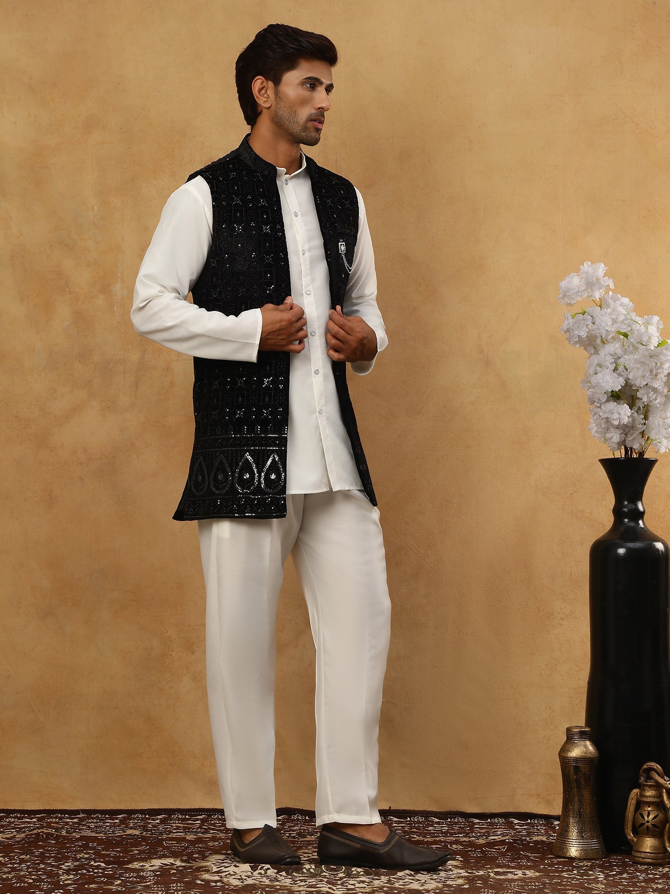 Men Solid Kurta Set with Velvet Embroidered Waistcoat ( 65KPWC 5509W 4149Black )