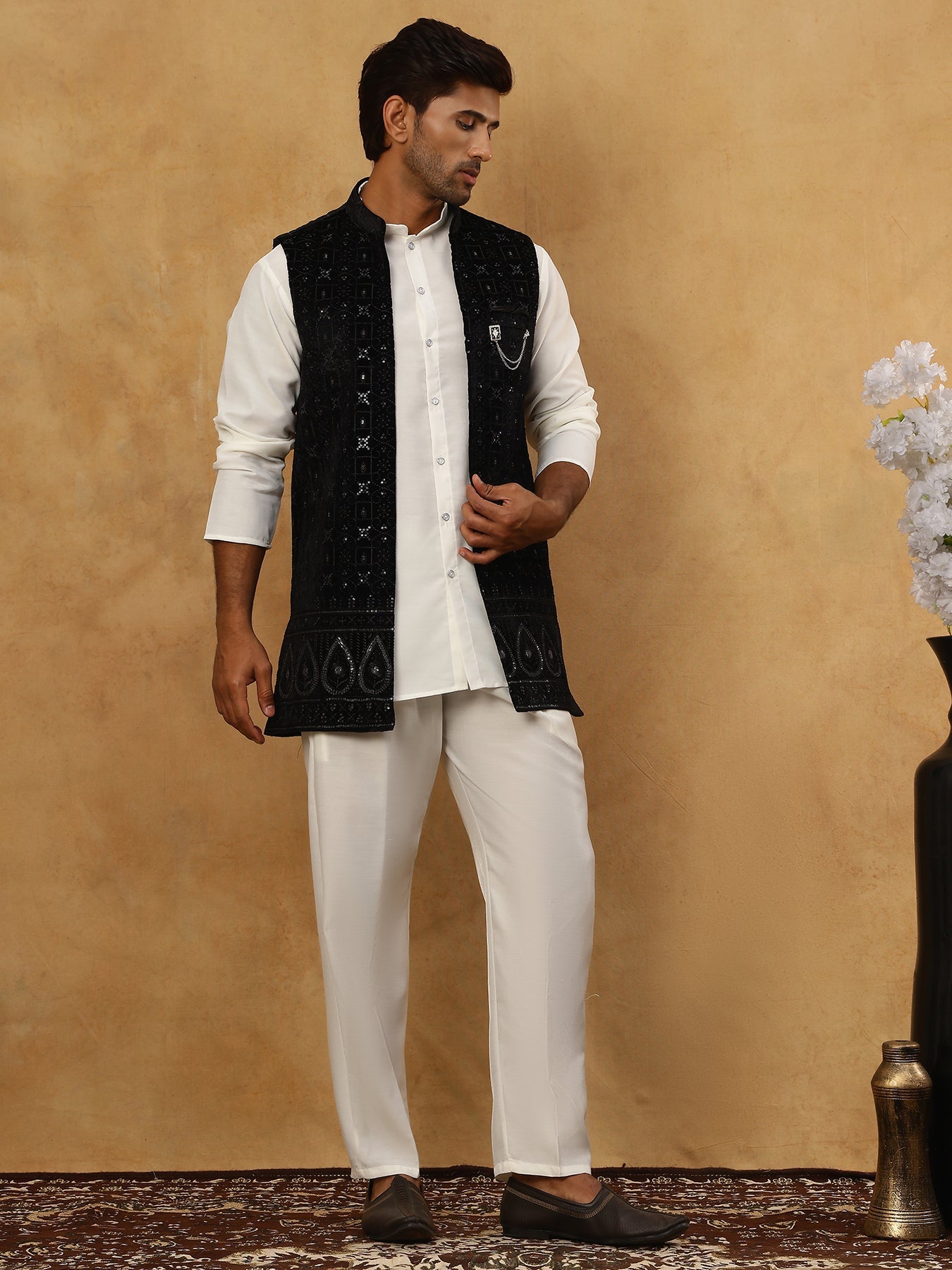 Men Solid Kurta Set with Velvet Embroidered Waistcoat ( 65KPWC 5509W 4149Black )