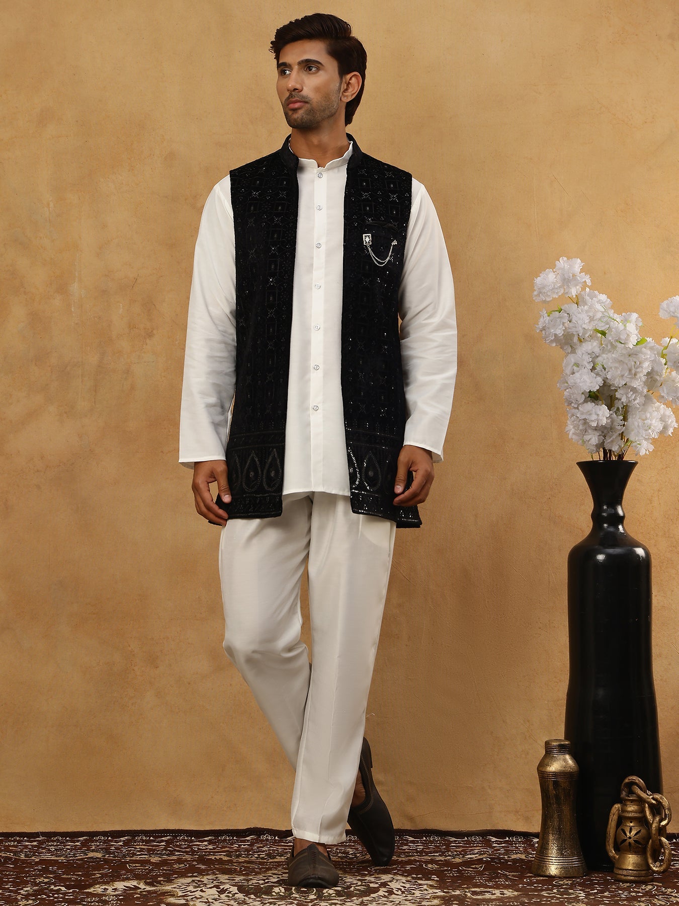 Men Solid Kurta Set with Velvet Embroidered Waistcoat ( 65KPWC 5509W 4149Black )