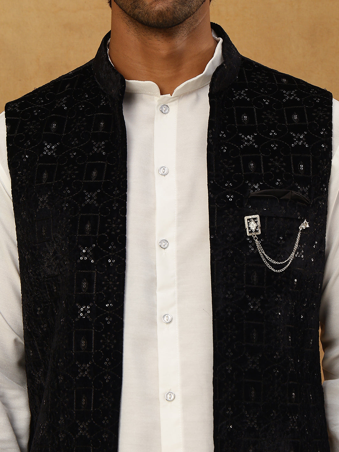 Men Solid Kurta Set with Velvet Embroidered Waistcoat ( 65KPWC 5509W 4149Black )