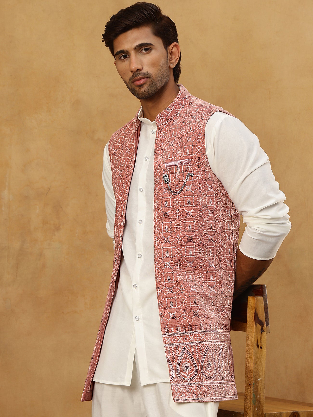Men Solid Kurta Set with Velvet Embroidered Waistcoat ( 65KPWC 5509W 4149Magenta )