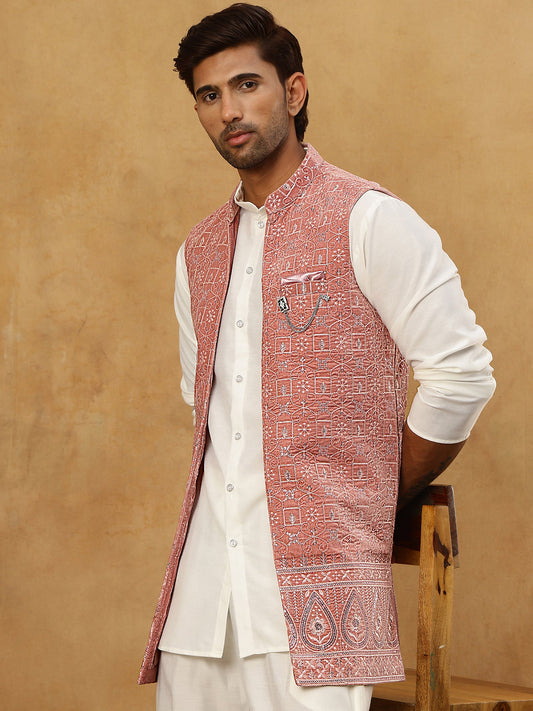 Men Solid Kurta Set with Velvet Embroidered Waistcoat ( 65KPWC 5509W 4149Magenta )