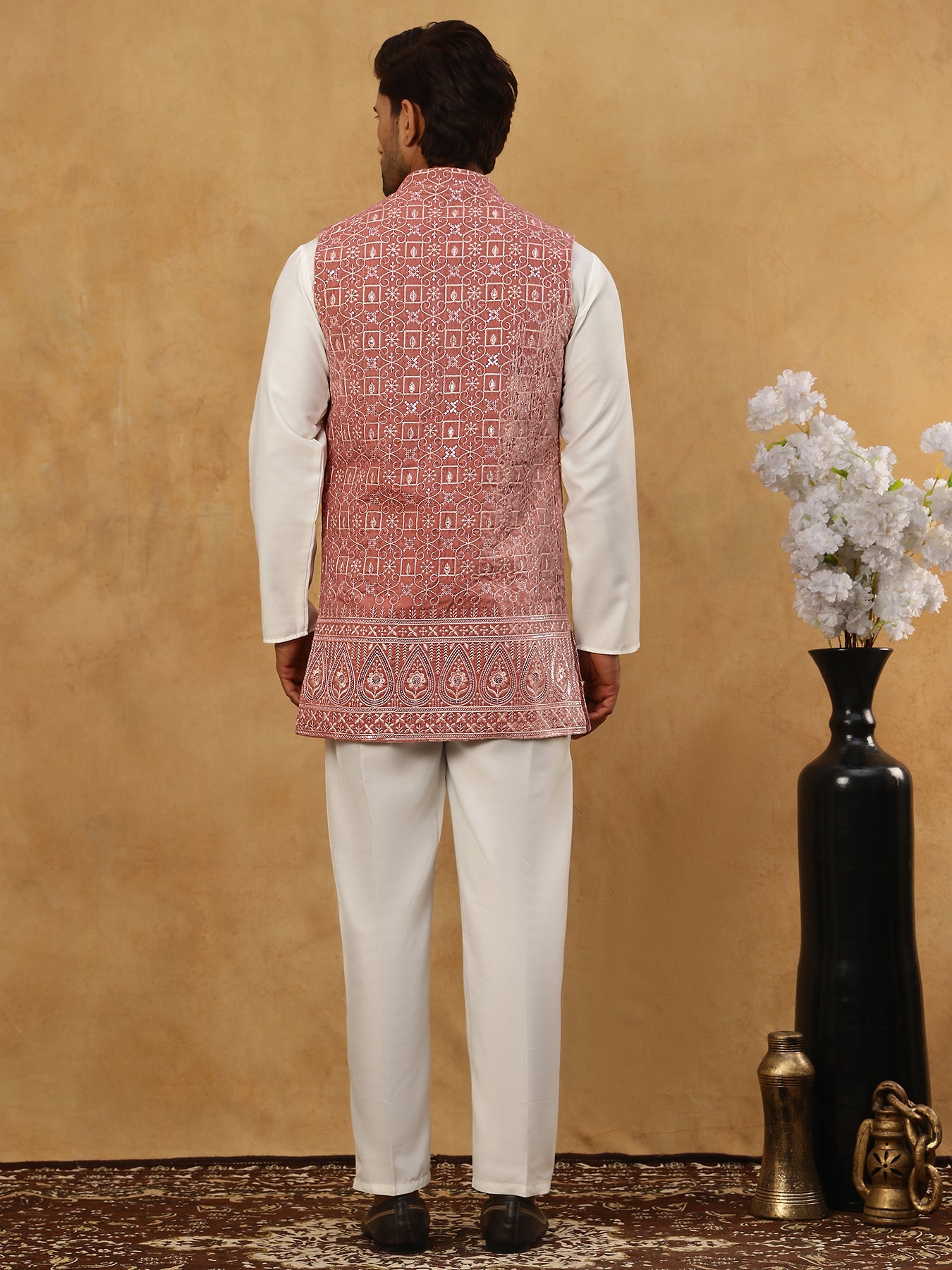 Men Solid Kurta Set with Velvet Embroidered Waistcoat ( 65KPWC 5509W 4149Magenta )